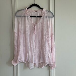 Free People Sheer Pink Blouse with Front Tie and Ruffled Sleeves